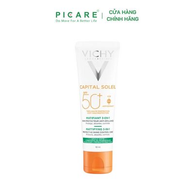 Kem chống nắng dành cho da dầu mụn giảm tác động của ô nhiễm mỗi trường Vichy Capital Soleil Mattifying 3in1 SPF50+ 50ml