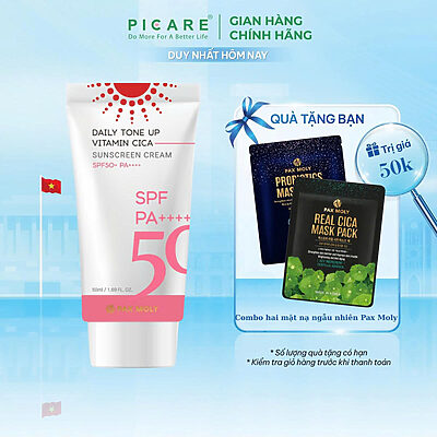 Kem chống nắng giúp kiềm dầu nâng tone chiết xuất rau má Pax Moly Daily Tone Up Vitamin Cica Sunscreen Cream 50ml