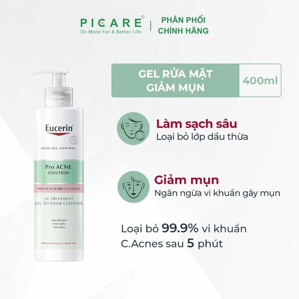 Gel rửa mặt cho da mụn Eucerin 3X Treatment Gel To Foam Cleanser 400ML - Ảnh 2
