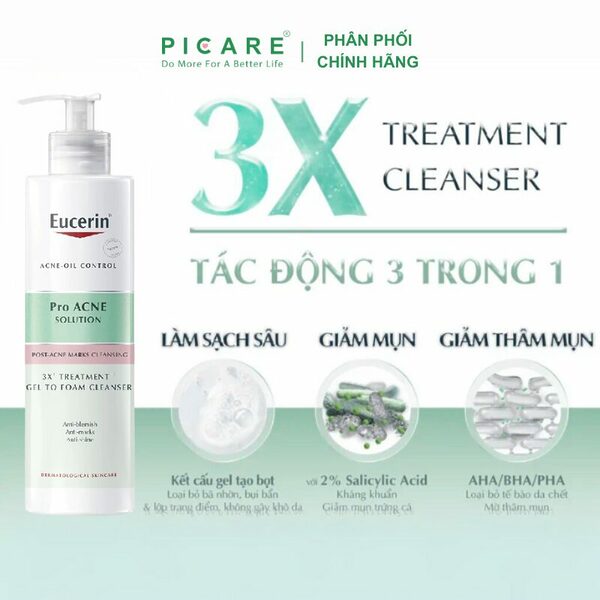 Gel rửa mặt cho da mụn Eucerin 3X Treatment Gel To Foam Cleanser 400ML - Ảnh 3