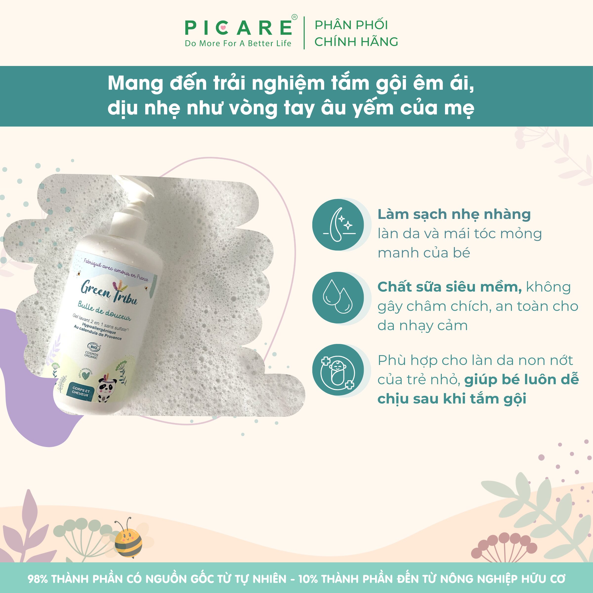Gel tắm gội 2 trong 1 hỗ trợ da nhạy cảm, dễ kích ứng cho bé Green Tribu Bulle de douceur 500ml - Ảnh 3