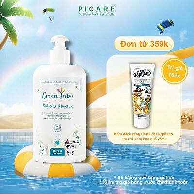 Gel tắm gội 2 trong 1 hỗ trợ da nhạy cảm, dễ kích ứng cho bé Green Tribu Bulle de douceur 500ml