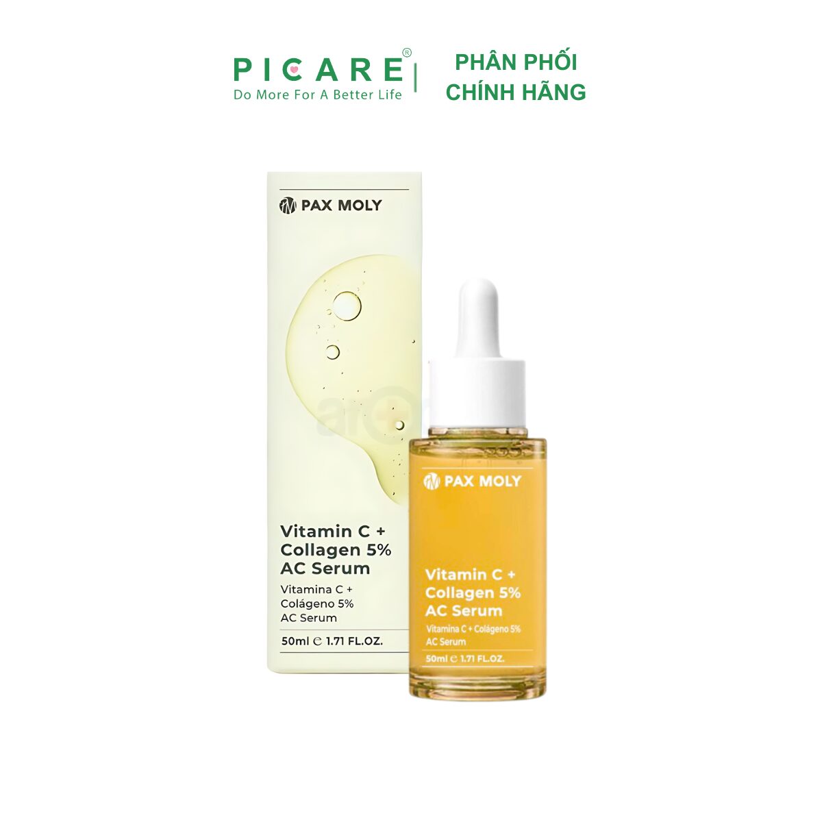 Tinh chất giúp dưỡng sáng, cải thiện độ đàn hồi và dưỡng ẩm cho da PAXMOLY Vitamin C + Collagen 5% AC Serum 50ml