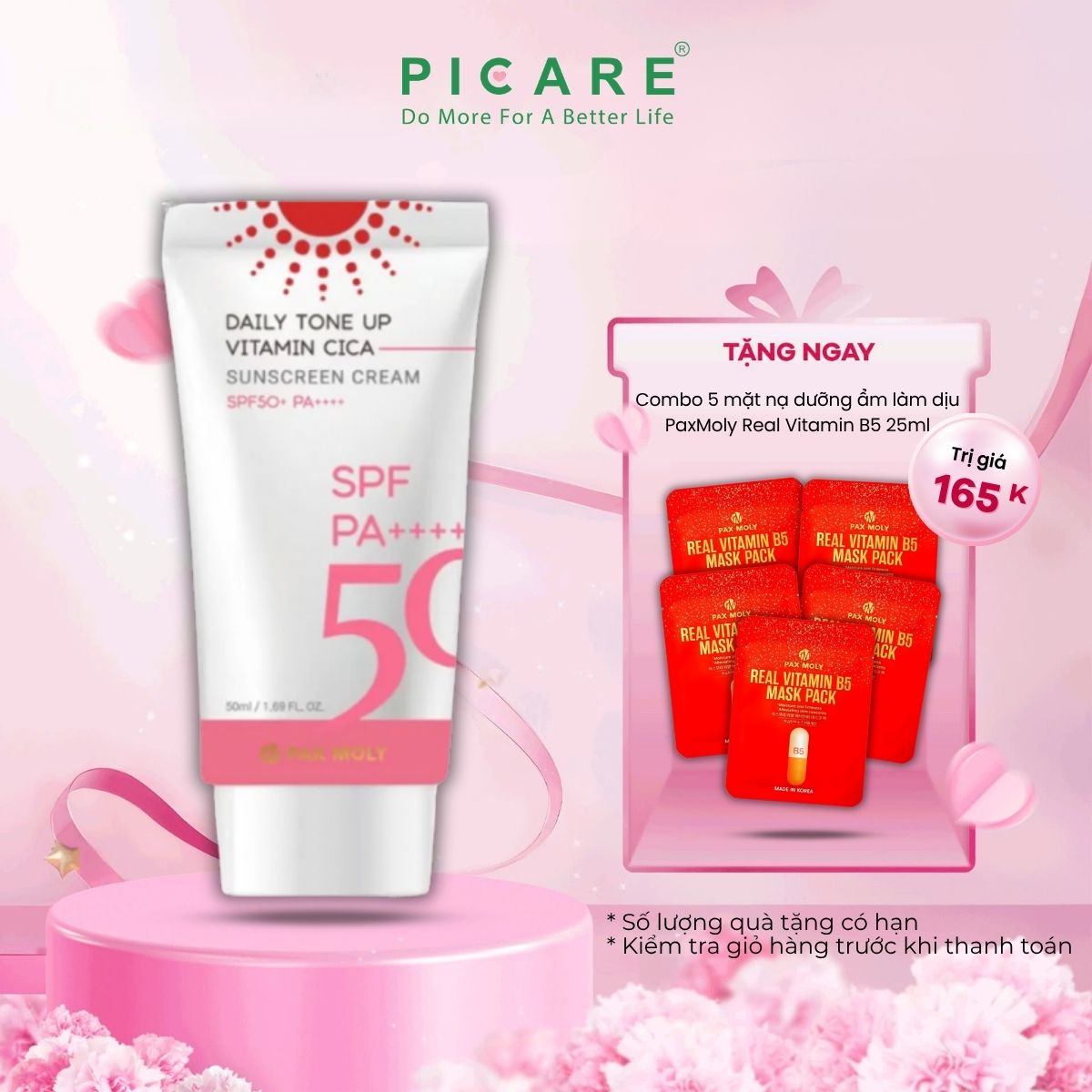 Kem chống nắng giúp kiềm dầu nâng tone chiết xuất rau má PaxMoly Daily Tone Up Vitamin Cica Sunscreen Cream 50ml