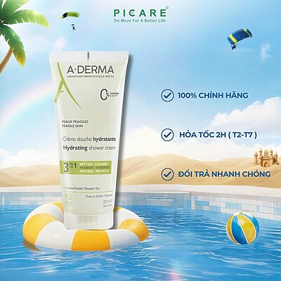 Gel rửa mặt tắm gội dịu nhẹ dành cho da bé da nhạy cảm A-Derma Hydrating Shower Cream 200ml
