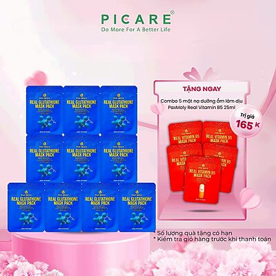 Mặt nạ dưỡng ẩm giúp làm sáng và giảm các dấu hiệu lão hoá da PaxMoly Real Glutathione Mask Hộp 10 Miếng
