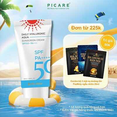 Kem chống nắng kiềm dầu giúp dưỡng ẩm và bảo vệ da PAXMOLY Daily Hyaluronic Aqua Sunscreen Cream 50ml