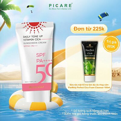 Kem chống nắng giúp kiềm dầu nâng tone chiết xuất rau má PaxMoly Daily Tone Up Vitamin Cica Sunscreen Cream 50ml