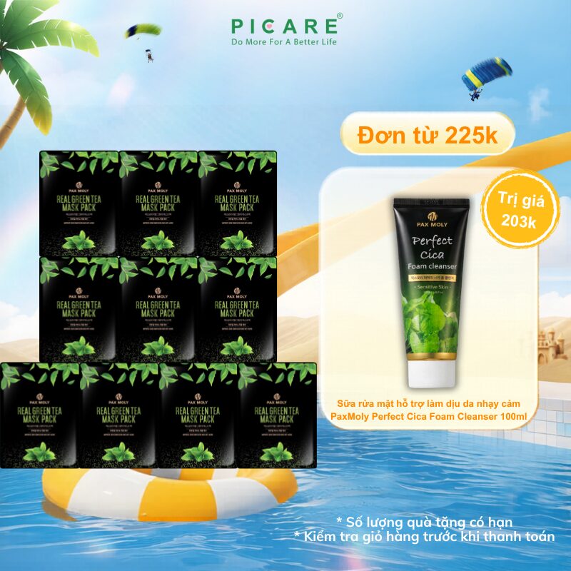 Mặt nạ dưỡng ẩm hỗ trợ làm dịu giảm sưng dành cho da mụn PaxMoly Real Green Tea Mask Pack 25ml ( Hộp 10 miếng )
