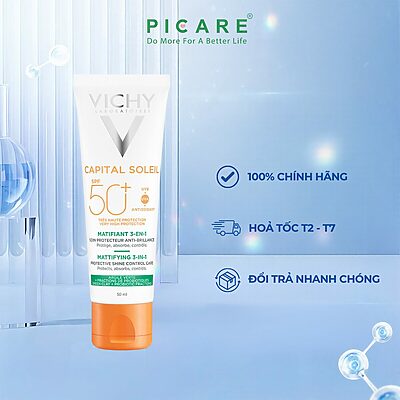 Kem chống nắng dành cho da dầu mụn giảm tác động của ô nhiễm mỗi trường Vichy Capital Soleil Mattifying 3in1 SPF50+ 50ml