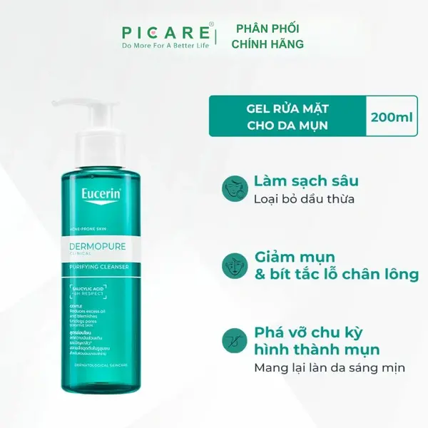 Sữa rửa mặt dạng gel dành cho da nhờn mụn Eucerin Dermopure Clinical Purifying Cleanser 200ml