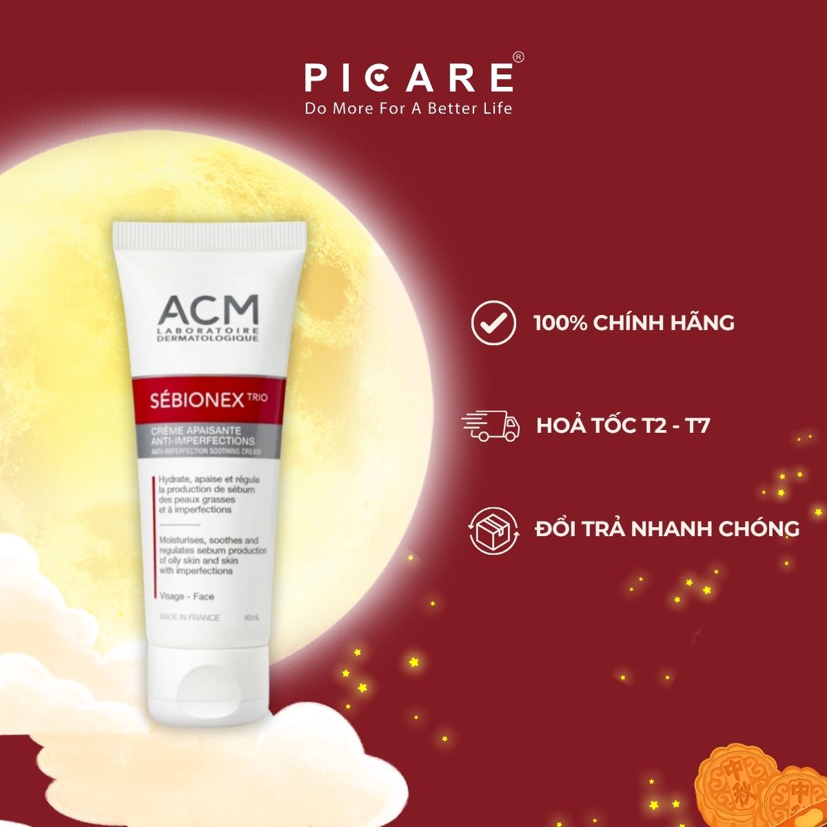 Kem Dưỡng Ẩm Dành Cho Da Mụn Giúp Ngăn Ngừa Sự Tiết Bã Nhờn ACM Sebionex Trio Anti-imperfection Soothing Cream 40ml