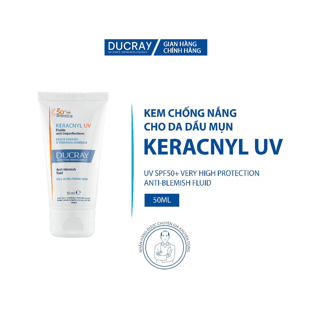 Kem chống nắng kiềm dầu cho da dầu mụn Ducray Keracnyl UV SPF50+ 50ml bảo vệ da khỏi tia UVA & UVB - Ảnh 2