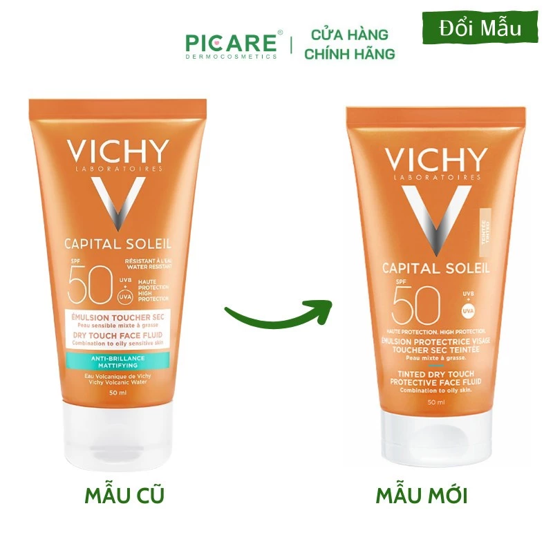 Kem chống nắng không gây nhờn rít cho da hỗn hợp Vichy Capital Soleil Mattifying Dry Touch Face Fluid SPF50 UVB+UVA 50ml - Ảnh 3