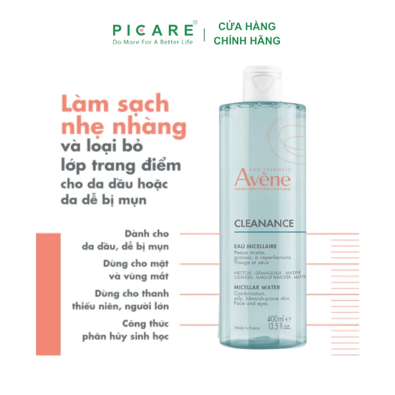 Nước tẩy trang dành cho da dầu mụn Avene Cleanance Micellar Water 400ml, làm sạch bụi bẩn bã nhờn - Ảnh 3