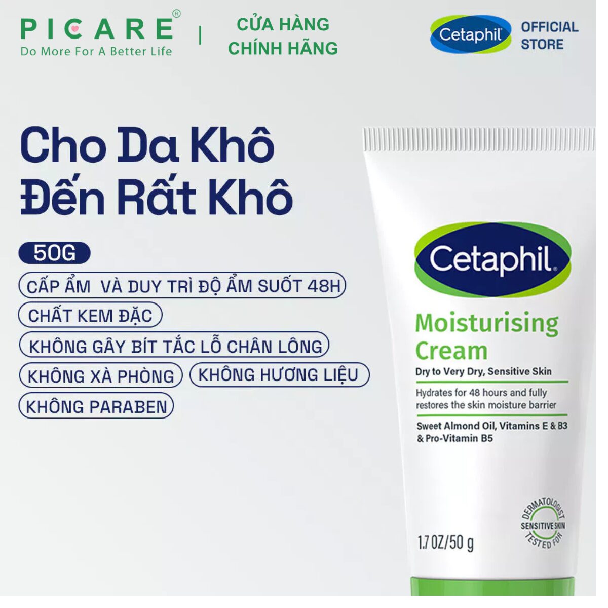 Kem dưỡng ẩm dịu lành cho da nhạy cảm cấp ẩm sâu đến 48H Cetaphil Moisturizing Cream 50g