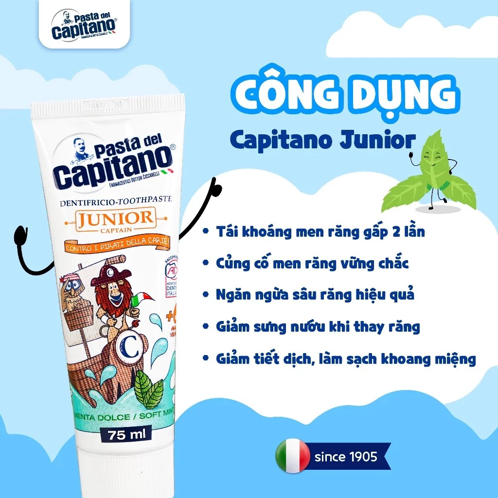 Kem đánh răng Pasta del Capitano Junior 6+ (Vị bạc hà) 75ml - Ảnh 2