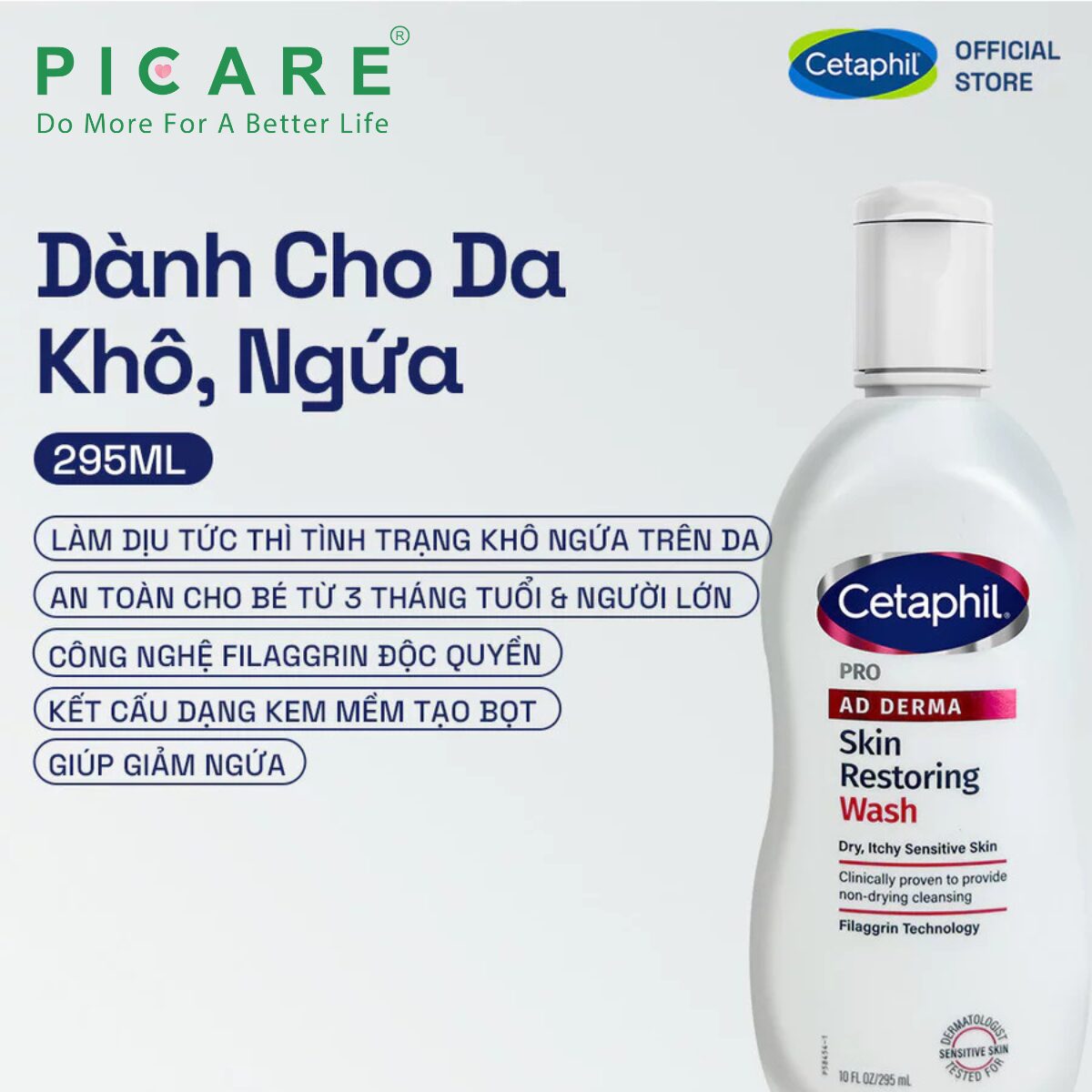 Sữa tắm dưỡng ẩm dành cho da khô, ngứa Cetaphil Pro AD Derma Wash 295ml