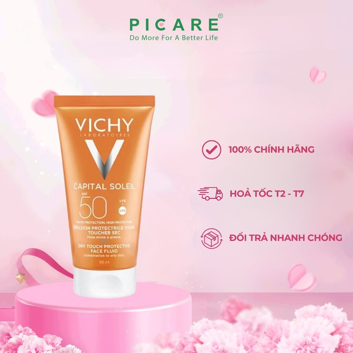 Kem chống nắng không gây nhờn rít cho da hỗn hợp Vichy Capital Soleil Mattifying Dry Touch Face Fluid SPF50 UVB+UVA 50ml