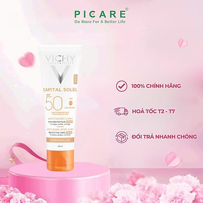 Kem chống nắng ngăn sạm da, giảm thâm nám ( có màu ) Vichy Capital Soleil Anti-Dark Spot 3-in01 Tinted SPF50+ 50ml