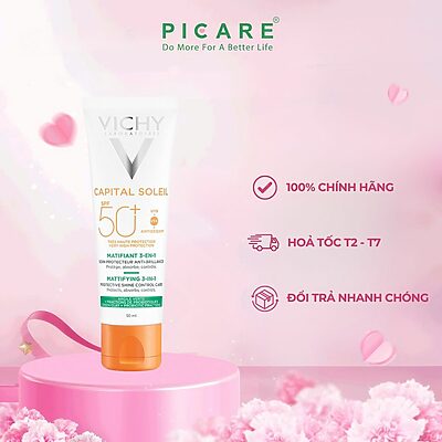 Kem chống nắng dành cho da dầu mụn giảm tác động của ô nhiễm mỗi trường Vichy Capital Soleil Mattifying 3in1 SPF50+ 50ml