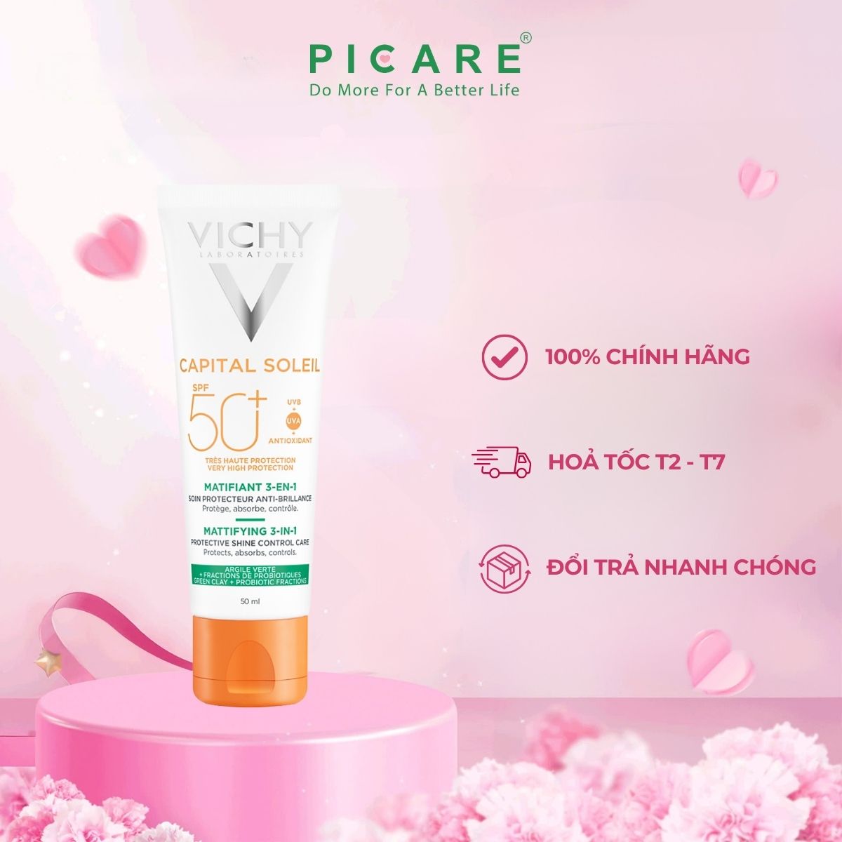 Kem chống nắng dành cho da dầu mụn giảm tác động của ô nhiễm mỗi trường Vichy Capital Soleil Mattifying 3in1 SPF50+ 50ml